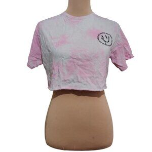 Upcycled Womens Crop Top Have A Good Day Smiley Face Tie Dye Pink White sz M